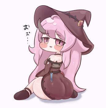 Rule 34 | 1girl, adamadamode, ass, bare shoulders, blush stickers, brown dress, brown hat, commentary request, dress, hat, highres, horns, long hair, looking at viewer, looking back, open mouth, pink eyes, pink hair, posher (trickcal), single horn, sitting, solo, translation request, trickcal, white background