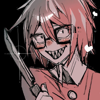 Rule 34 | 1boy, black background, glasses, glint, hand up, heart, highres, holding, holding knife, knife, looking at viewer, male focus, monochrome, randal's friends, randal ivory, sharp teeth, short hair, simple background, solo, starhamu, teeth, upper body