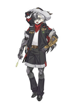 1boy :3 :d absurdres aged_down alternate_costume animal animal_on_shoulder animalization arm_at_side arm_cutout belt belt_buckle black_eyes black_feathers black_hair black_hat black_jacket black_leg_warmers black_shorts booth_seating boothill_(honkai:_star_rail) brown_belt buckle cat cat_on_shoulder cattail closed_mouth clothed_animal clothing_cutout cowboy cowboy_hat cowboy_western crosshair_pupils cyborg ear_piercing earrings facial_mark facing_viewer feathers full_body hair_behind_ear hair_over_one_eye hand_on_own_hip hat hat_feather highres holding holding_plant honkai:_star_rail honkai_(series) insignia jacket jewelry knees_apart_feet_together leather_belt leg_warmers looking_ahead male_focus mark_under_eye mechanical_arms mechanical_legs mole mole_under_eye multicolored_hair multiple_moles multiple_piercings one_eye_covered open_clothes open_jacket open_mouth person_and_animalization piercing plant red_pupils red_scarf scarf sharp_teeth shirt short_sleeves shorts shoulder_boards simple_background sleeve_cuffs sleeve_zipper smile solo standing symbol_in_eye tachi-e teeth tuxedo_cat two-tone_hair unzipped upper_teeth_only western white_background white_hair white_hat white_shirt wo_do zipper zipper_pull_tab