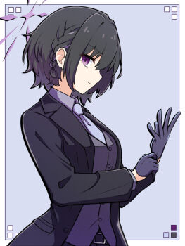 1girl alternate_costume black_hair black_jacket black_suit blue_archive braid breasts collared_shirt formal_clothes from_side generic_33 glove_pull gloves half_gloves halo jacket light_smile looking_at_viewer looking_to_the_side medium_breasts necktie purple_eyes purple_gloves purple_halo purple_necktie purple_shirt purple_vest shirt short_braid short_hair sideways_glance single_braid solo subaru_(blue_archive) suit suit_jacket vest