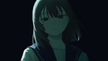 1girl aaaoka backlighting black_background black_hair blue_sailor_collar dark highres light_smile medium_hair original portrait sailor_collar school_uniform serafuku simple_background solo