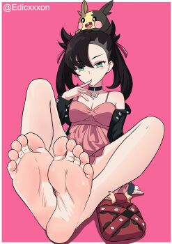 1girl absurdres artist_name asymmetrical_bangs barefoot black_choker black_hair black_jacket border breasts choker cleavage commentary dress ediczxon english_commentary eyeshadow feet finger_to_mouth foot_focus foreshortening full_body gen_8_pokemon green_eyes hair_between_eyes hair_ribbon highres jacket knees_apart_feet_together knees_up long_hair looking_at_viewer makeup marnie_(pokemon) morpeko nintendo off_shoulder on_ground open_clothes open_jacket pink_background pink_dress pokemon pokemon_(creature) pokemon_sword_and_shield ribbon shadow short_dress sitting soles solo toenails toes twintails twitter_username two_side_up white_border