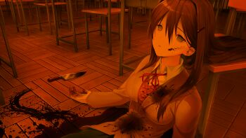 1girl arms_at_sides bags_under_eyes blazer blood blood_on_body blood_on_clothes blood_on_face blood_on_ground blood_on_hands blood_splatter blood_stain blood_trail bloody_knife blue_skirt breasts brown_jacket brown_sweater_vest button_gap buttons chair classroom collared_shirt corpse dark death decay desk doki_doki_literature_club doki_doki_literature_club_school_uniform dot_nose double-parted_bangs dress_shirt dried_blood empty_eyes eyebrows_hidden_by_hair fallen_down fingernails frown game_cg grey_eyes grey_jacket hair_between_eyes hair_intakes hair_ornament hairclip half-closed_eyes highres horror_(theme) impossible_clothes indoors injury jacket knife large_breasts leaning_back leaning_on_object light_frown long_eyelashes long_hair long_sidelocks long_sleeves neck_ribbon non-web_source official_art on_floor open_hands pale_skin parted_lips pleated_skirt pool_of_blood purple_hair raised_inner_eyebrows red_ribbon ribbon satchely school school_desk school_uniform self-harm shirt sidelocks sitting skirt solo spoilers stab suicide sunken_cheeks sunlight sunset sweater_vest teeth thick_eyelashes upper_body variant_set very_long_hair wing_collar wooden_chair wooden_desk wooden_floor yuri_(doki_doki_literature_club)