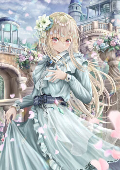1girl alternate_costume aqua_dress blonde_hair blush bouquet closed_mouth commentary_request day dress eyes_visible_through_hair falling_petals feet_out_of_frame floating_hair flower frilled_dress frills hair_between_eyes hair_flower hair_ornament hand_on_own_chest hand_up heaven_burns_red highres kuroe_maruru long_dress long_hair long_sleeves looking_at_viewer nail_polish outdoors outstretched_hand petals pink_flower pink_rose red_eyes ribbon-trimmed_dress ribbon_trim rose shirakawa_yuina sidelocks skirt_hold smile solo standing very_long_hair white_flower white_nails white_rose