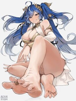 1girl alterkyon ancient_greek_clothes armlet artist_name blue_eyes blue_hair breasts cleavage commentary detached_sleeves english_commentary feet foot_focus foreshortening full_body greco-roman_clothes grin highres iuno_(wuthering_waves) jewelry large_breasts laurel_crown long_hair looking_at_viewer multicolored_hair pussy simple_background smile soles solo streaked_hair tacet_mark_(wuthering_waves) toe_ring toenails toes twintails uncensored white_background white_hair wuthering_waves