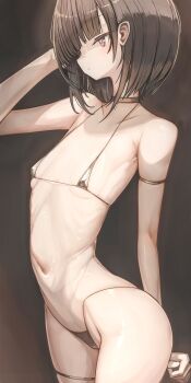 1girl arm_strap bikini black_bikini black_choker black_hair blunt_bangs bob_cut breasts brown_eyes choker genek highres inverted_bob navel original short_hair small_breasts solo swimsuit thigh_strap