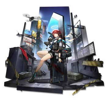 1girl arknights artist_request bag bare_shoulders black_boots black_gloves black_jacket black_shorts boots box breasts building city detached_wings drone earpiece energy_wings exusiai_(arknights) exusiai_(midnight_delivery)_(arknights) fingerless_gloves full_body gloves gun halo highres holding holding_gun holding_weapon jacket long_sleeves looking_at_viewer night off_shoulder official_alternate_costume official_art open_clothes open_jacket outdoors red_eyes red_hair rifle shirt shoes short_hair short_shorts shorts shoulder_bag sign sky skyscraper solo submachine_gun thigh_strap thighs traffic_light transparent_background weapon white_shirt wings