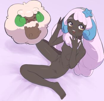 1girl bar_censor barefoot black_skin blush breasts censored colored_skin completely_nude dark-skinned_female dark_skin gen_5_pokemon hair_ornament hands_up happy jacinthe_(pokemon) long_hair miyako_(naotsugu) navel nintendo nipples nude open_mouth pink_hair pokemon pokemon_(creature) sitting small_breasts smile teeth whimsicott