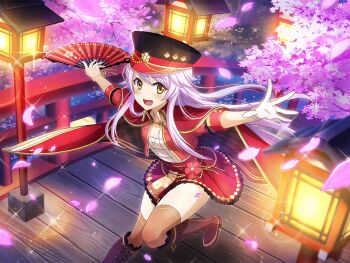 1girl black_hat boots bridge brown_boots brown_thighhighs cape cherry_blossoms folding_fan game_cg gloves hand_fan hat holding holding_fan jacket knee_boots lamppost long_hair long_sleeves looking_at_viewer official_art open_mouth otonashi_ichie outstretched_arms peaked_cap pink_hair red_cape red_jacket red_skirt shoujo_kageki_revue_starlight shoujo_kageki_revue_starlight_-re_live- skirt solo thighhighs white_gloves yellow_eyes