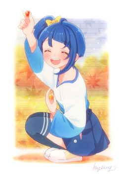 Rule 34 | 1girl, arm up, artist name, autumn leaves, blue hair, blue shirt, blue skirt, blue thighhighs, bow, casual, closed eyes, commentary, cut bangs, facing viewer, from side, hair bow, hirogaru sky! precure, holding, holding acorn, holding leaf, kyanos (b 0000ff), leaf, long sleeves, medium hair, miniskirt, mirage pen, open mouth, pleated skirt, precure, shirt, shoes, side ponytail, signature, single sidelock, skirt, smile, sneakers, solo, sora harewataru, standing, t-shirt, thighhighs, two-tone shirt, white shirt, yellow bow, yellow shoes