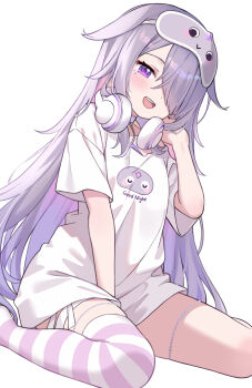 1girl eye_mask hair_over_one_eye hand_in_own_hair headphones headphones_around_neck highres hitsukuya hololive hololive_english koseki_bijou koseki_bijou_(pebble_pajamas) long_hair looking_at_viewer mask open_mouth purple_eyes purple_hair shirt short_sleeves simple_background sitting smile solo t-shirt thighhighs virtual_youtuber white_background white_shirt
