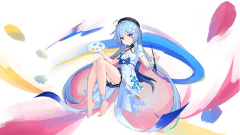 1girl absurdres ahoge barefoot beret blue_hair chinese_commentary colorful_background commentary_request dress feet flower griseo hair_flower hair_ornament hat highres holding holding_paint_palette holding_paintbrush honkai_(series) honkai_impact_3rd humugo long_hair paint_palette paintbrush purple_eyes short_hair smile solo toes very_long_hair white_dress
