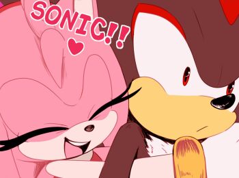 1boy 1girl amy_rose chocomilkamy closed_eyes eyelashes furry furry_female furry_male gloves heart hug hug_from_behind red_eyes scene_reference shadow_the_hedgehog smile sonic_(series) sonic_adventure_2 upper_body white_gloves