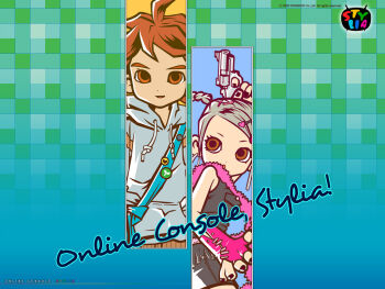 1boy 1girl 2000s_(style) 2005 ahoge anime_coloring aqua_background badge bag bare_shoulders belt black_nails black_skirt black_vest blue_bag braid brown_eyes brown_hair brown_shorts button_badge checkered_background commentary_request company_name copyright_notice dated drawstring earrings english_text fingernails fringe_trim gloves gradient_hair grey_hair grey_hoodie grey_sleeves gun hair_ornament hairclip handgun hands_in_pockets heart_hairclip holding holding_gun holding_weapon hood hood_down hoodie hoop_earrings jewelry korean_commentary long_sleeves looking_at_another looking_to_the_side messenger_bag miro_(stylia) miru_(stylia) multicolored_hair official_art official_wallpaper open_mouth partially_fingerless_gloves pink_belt pink_gloves pocket revolver shorts shoulder_bag side_braid single_braid single_glove skirt solid_circle_eyes solid_circle_pupils stitched_clothes stitched_gloves stole streetwear stylia the_tv_heroes thick_lineart third-party_source vest weapon