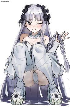 1girl ass black_bow black_ribbon bow collar commentary detached_sleeves dress english_commentary fate/strange_fake fate_(series) francesca_prelati_(fate) frilled_collar frills garter_straps gothic_lolita hair_bow highres legs lolita_fashion multiple_hair_bows naughty_face one_eye_closed panties ribbon simple_background striped_clothes striped_dress underwear white_dress white_panties xcider