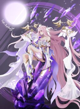 1girl artist_name bare_shoulders bell black_shorts boots breasts commentary corset crystal_shards diamond-shaped_pupils diamond_(shape) elysia_(herrscher_of_human:_ego)_(honkai_impact) elysia_(honkai_impact) full_body full_moon gloves highres honkai_(series) honkai_impact_3rd laph_laphlaes large_breasts long_hair moon multicolored_hair pink_hair purple_eyes short_shorts shorts solo symbol-shaped_pupils thighs two-tone_hair very_long_hair white_boots white_corset white_gloves white_hair