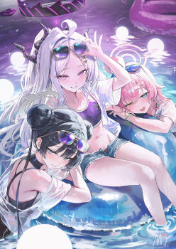 3girls adjusting_eyewear ahoge black_hair black_halo black_one-piece_swimsuit blue_archive blue_eyes blush bracelet braid braided_bun demon_horns denim denim_shorts double_bun eyewear_on_head fang frayed_shorts grey_eyes grin hair_bun hair_ornament hairclip halo heterochromia highres hina_(blue_archive) horns hoshino_(blue_archive) innertube jewelry kisaki_(blue_archive) long_hair midriff multiple_girls multiple_horns myung_yi navel one-piece_swimsuit open_mouth orange_eyes parted_bangs parted_lips partially_submerged pink_eyes pink_hair pink_halo shirt short_shorts short_sleeves shorts smile sunglasses swim_ring swimsuit twintails unbuttoned water wet wet_clothes white_hair white_shirt