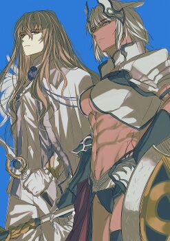 1boy 1girl abs animal_ears armlet armor ascot bikini bikini_armor black_bikini black_gloves blonde_hair blue_ascot blue_background blue_eyes body_markings caenis_(fate) caenis_(second_ascension)_(fate) cape closed_mouth cowboy_shot dark-skinned_female dark_skin elbow_gloves fate/grand_order fate_(series) feathers formal_clothes gloves grey_eyes hair_between_eyes headpiece highres holding holding_shield holding_staff holding_weapon horse_ears infinity_symbol jacket jewelry kirschtaria_wodime kkeuo_(kko_master) long_hair looking_at_viewer navel pants pauldrons shield shoulder_armor side-by-side side_cape simple_background staff standing suit swimsuit toned toned_female waist_cape weapon white_cape white_feathers white_gloves white_hair white_jacket white_pants white_suit