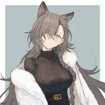 1girl absurdres animal_ear_fluff animal_ears arknights black_sweater blue_background braid breasts brown_eyes closed_mouth commentary earrings english_commentary extra_ears grey_hair hair_between_eyes highres jewelry light_blush long_hair looking_at_viewer medium_breasts mole mole_above_eye mole_on_forehead myticalcat official_alternate_costume penance_(arknights) penance_(occasionally_flushed)_(arknights) simple_background solo sweater turtleneck turtleneck_sweater upper_body wolf_ears wolf_girl