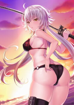 1girl ahoge ass bikini black_bikini breasts butt_crack dawn fate/grand_order fate_(series) female_focus highres holding holding_weapon jeanne_d'arc_alter_(swimsuit_berserker)_(fate) jeanne_d'arc_(fate) jeanne_d'arc_alter_(fate) jeanne_d'arc_alter_(swimsuit_berserker)_(fate) katana long_hair looking_at_viewer panties seaside silver_hair solo sunday_se7en swimsuit sword underwear weapon yellow_eyes
