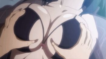 1boy 1girl animated animated_gif annerose_vajra black_hair bra breasts cleavage grabbing_another&#039;s_breast groping koutetsu_no_majo_anneroze large_breasts lowres nipple_stimulation nipple_tweak sleep_molestation sleeping tagme underwear