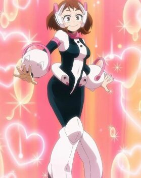 1boy 1girl belt black_bodysuit blush_stickers bodysuit boku_no_hero_academia boots breasts brown_eyes brown_hair closed_mouth collar colorful_background dot_nose female_focus headpiece heart heart_background large_breasts long_sleeves looking_at_viewer medium_hair multicolored_bodysuit pants pink_background pink_belt pink_bodysuit pink_boots pink_collar sexually_suggestive skin_tight smile solo solo_focus superhero_costume tight_clothes tight_pants two-tone_bodysuit uraraka_ochako uraraka_ochako_(hero_outfit)