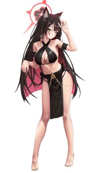 1girl absurdres alternate_costume animal_ear_fluff animal_ears asymmetrical_bangs bare_legs bare_shoulders barefoot bikini black_bikini black_hair black_nails black_skirt blue_archive blunt_bangs blunt_ends blush closed_mouth colored_inner_hair dancer drachsss fox_ears fox_girl hair_between_eyes highres long_hair looking_at_viewer multicolored_hair pelvic_curtain sidelocks skirt sling_bikini_top smile solo swimsuit two-tone_hair wakamo_(blue_archive) yellow_background