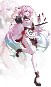 1girl absurdres aei153 alternate_costume apron aqua_hair black_dress black_garter_straps breasts brochette bubble_tea commentary cyrene_(demiurge)_(honkai:_star_rail) cyrene_(honkai:_star_rail) diamond-shaped_pupils diamond_(shape) dress garter_straps gradient_hair hair_intakes high_heels highres holding honkai:_star_rail honkai_(series) large_breasts long_hair maid_apron multicolored_hair pink_hair purple_eyes smile solo standing standing_on_one_leg symbol-only_commentary symbol-shaped_pupils thighhighs thighs two-tone_hair very_long_hair white_apron white_background white_thighhighs