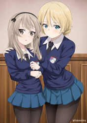 Rule 34 | 2girls, black necktie, black pantyhose, blonde hair, blue eyes, blue jacket, blue skirt, darjeeling (girls und panzer), girls und panzer, grey eyes, grey hair, inoshira, jacket, multiple girls, necktie, nervous, pantyhose, school uniform, shimada arisu, shirt, skirt, smile, st. gloriana&#039;s school uniform, thighs, white shirt