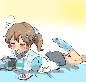1girl blue_scrunchie brown_hair digital_media_player grey_shirt grey_shorts hair_ornament hair_scrunchie hairclip lying mehisawanya nintendo nintendo_switch on_stomach pokemon ponytail quaxly scrunchie shirt shorts socks speech_bubble thought_bubble yellow_background