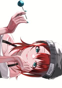 1girl absurdres blue_eyes blue_nails bra_strap candy closed_mouth commentary_request fingernails food hair_between_eyes hands_up highres holding holding_candy holding_food holding_lollipop lollipop looking_at_viewer medium_hair nail_polish nirtea34 original parted_bangs portrait red_hair sideways simple_background smile solo white_background