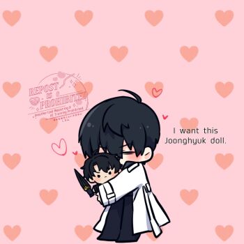 1boy ahoge black_hair black_shirt character_doll closed_eyes coat collared_shirt doll full_body hair_between_eyes hashtag-only_commentary highres hugging_doll hugging_object kim_dokja kimidori_22 knife male_focus omniscient_reader&#039;s_viewpoint open_clothes open_coat shirt short_hair solo standing white_coat yoo_joonghyuk