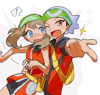 ! 1boy 1girl bandana beanie black_hair black_shorts blue_eyes brendan_(pokemon) brown_hair fang green_bandana hat highres homes3eethome looking_at_another looking_at_viewer may_(pokemon) nintendo open_mouth pointing pointing_at_viewer pokemon pokemon_adventures red_eyes red_shirt shirt short_hair short_sleeves shorts simple_background standing upper_body white_background white_hat yellow_bag