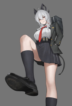 1girl absurdres ahoge bag black_choker black_jacket black_skirt black_socks breasts chinese_commentary choker collared_shirt commentary_request demon_tail earrings foot_out_of_frame footwear_focus grey_hair high-waist_skirt highres horns jacket jewelry large_breasts legs loafers long_hair long_sleeves looking_at_viewer miniskirt mouth_hold necktie pouch red_eyes red_necktie ribbed_socks sa-baaa school_bag school_uniform shirt shoe_soles shoes sidelocks simple_background skirt socks solo stepping_on_object tail variant_set white_background white_shirt wuthering_waves zani_(wuthering_waves)