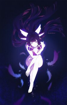 1girl black_hair columbina_(genshin_impact) commentary dark_background feathers full_body genshin_impact hair_ornament hair_ribbon highres long_hair looking_at_viewer nude pink_hair purple_eyes ribbon sakon04 solo sparkle symbol-only_commentary very_long_hair watermark white_ribbon wing_hair_ornament