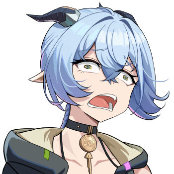 1girl black_collar black_horns blue_hair collar collarbone commentary goat_girl goat_horns hair_between_eyes highres hood hood_down horns junmin lucia_elowen open_mouth pointy_ears portrait short_hair sidelocks simple_background solo white_background wide-eyed zenless_zone_zero