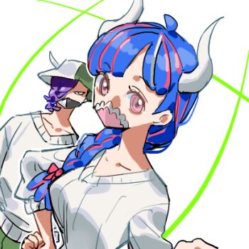 1boy 1girl ahoge alternate_hairstyle blue_hair braid breasts brother_and_sister collarbone commentary hair_over_shoulder hair_ribbon hand_on_own_hip hat horns long_hair looking_at_viewer low-tied_long_hair lowres mask medium_breasts mouth_mask one_piece page_one_(one_piece) pink_eyes purple_hair raine_(acke2445) red_ribbon ribbon short_hair siblings single_braid sweater symbol-only_commentary ulti_(one_piece) upper_body v-neck white_sweater