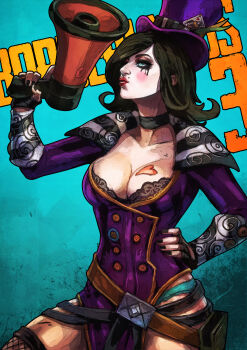 1girl absurdres aqua_background aqua_eyes belt borderlands_(series) borderlands_2 borderlands_3 bra breast_tattoo breasts brown_hair button card choker cleavage collarbone collared_dress copyright_name corset cowboy_shot dress eyebrows facepaint feathers female_focus fishnet_pantyhose fishnet_thighhighs fishnets flipped_hair hand_on_own_hip hat hat_feather heart heart_tattoo highleg highleg_dress highres large_breasts lipstick mad_moxxi makeup megaphone mole mole_above_mouth monori_rogue nail_polish nose panties pantyhose pelvic_curtain playing_card puckered_lips purple_hat queen_(playing_card) queen_of_hearts_(playing_card) runny_makeup solo standing striped_clothes striped_dress swept_bangs tattoo thighhighs top_hat underwear vertical-striped_clothes vertical-striped_dress
