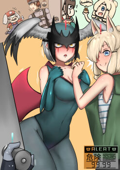 ! !_block 1girl 3girls alpaca_ears alpaca_girl alpaca_suri_(kemono_friends) alternate_costume animal_ears bare_arms bare_shoulders bird_wings blonde_hair blue_eyes blush bodysuit breasts brown_hair c: chibi cleavage closed_mouth collarbone constricted_pupils cosplay covered_navel d: devilman devilman_(character) devilman_(character)_(cosplay) door doorknob elbow_gloves fake_facial_hair fake_mustache flying_sweatdrops gameplay_mechanics gloves grey_hair halloween halloween_costume harness hat head_wings headband highres horizontal_pupils john_(a2556349) kemono_friends leotard long_sleeves looking_at_another looking_at_viewer makeup mario mario_(cosplay) mario_(series) mask medium_hair metal_gear_(series) multiple_girls nintendo northern_white-faced_owl_(kemono_friends) open_door open_mouth opening_door overalls pantyhose pov pov_hands shoebill_(kemono_friends) short_hair sleeveless smile solid_snake solid_snake_(cosplay) spread_wings surprised sweat sweater nervous_sweating timer user_interface walk-in wings yellow_eyes