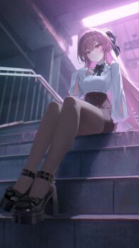 Rule 34 | 1girl, absurdres, black bow, black pantyhose, black ribbon, black shoes, black skirt, blurry, blurry background, bow, breasts, commentary, crossed bangs, depth of field, ff 01, full body, hair bun, hair ribbon, high heels, highres, long hair, looking at viewer, medium breasts, nocturne (ff), original, pantyhose, pencil skirt, platform heels, purple eyes, purple hair, railing, ribbon, shirt, shoes, single hair bun, sitting, sitting on stairs, skirt, solo, stairs, very long hair, white shirt