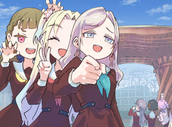 Rule 34 | 6+girls, :d, ^ ^, anyoji hime, aqua neckerchief, arm up, black hair, blonde hair, blue eyes, blue hair, blue sky, blunt ends, bob cut, braid, brown dress, brown hair, center-flap bangs, ceras yanagida lilienfeld, claw pose, closed eyes, cloud, commentary request, curtained hair, day, dress, fang, flower, flower knot, giant, giantess, gradient hair, grey hair, hair flower, hair ornament, hair ribbon, hand up, hasu no sora school uniform, highres, hood, hooded jacket, ichigo 123 (love live!), ishikawa prefecture, jacket, jellyfish cut, kachimachi kosuzu, kanazawa (city), kanazawa station, katsuragi izumi, lao ren xing, link! like! love live!, long sleeves, looking at viewer, love live!, momose ginko, multi-tied hair, multicolored hair, multiple girls, neckerchief, open mouth, osawa rurino, outdoors, pink eyes, pink flower, pink hair, pink jacket, pink ribbon, pointing, pointing at viewer, ponytail, raised fist, raised inner eyebrows, red neckerchief, ribbon, round teeth, sailor collar, sailor dress, school uniform, short hair, side braids, size difference, sky, smile, teeth, twintails, upper body, upper teeth only, v, virtual youtuber, white sailor collar, winter uniform, yellow neckerchief