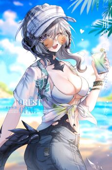 1girl absurdres au_ra beach bikini bikini_top_only blue_pants bracelet breasts cleavage clothing_cutout cup dragon_girl dragon_horns dragon_tail final_fantasy final_fantasy_xiv grey_hair highres holding holding_cup horns jewelry looking_at_viewer morisenlin one_eye_closed open_mouth orange-tinted_eyewear pants purple_eyes sand scales solo sunglasses swimsuit tail tail_through_clothes tinted_eyewear visor_cap warrior_of_light_(ff14) water white_bikini