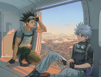 Rule 34 | 2boys, alternate costume, black gloves, black hair, black shirt, cloud, collarbone, fingerless gloves, gloves, goggles, goggles around neck, goggles on head, gon freecss, goodkids 1, green pants, hunter x hunter, killua zoldyck, looking at another, male focus, multiple boys, pants, parachute, shirt, short hair, skydive, twitter username, white hair, white pants, white shirt