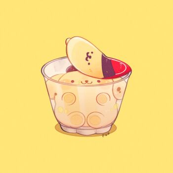 :3 animal_focus beret chibi chibi_only commentary cup dog hat in_container in_cup no_humans pompompurin sanrio signature sitting solid_circle_eyes solo symbol-only_commentary tenmiyakiyo yellow_background yellow_theme