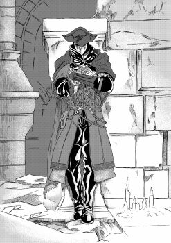 1boy 913kousatu absurdres boots candle cape coat column commentary_request crossed_arms dark_souls_(series) dark_souls_iii full_body greyscale hat highres in-universe_location indoors looking_at_viewer male_focus mask masked monochrome pants pillar ringfinger_leonard solo standing tricorne
