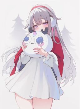 1girl absurdres alternate_costume center-flap_bangs cloak colored_inner_hair commentary cowboy_shot double-parted_bangs dress earmuffs english_commentary fur-trimmed_cloak fur_trim gradient_hair grey_hair hair_flaps highres holding hololive hololive_english jewel_under_eye koahri koseki_bijou long_hair looking_at_viewer multicolored_hair pebble_(koseki_bijou) pink_hair purple_eyes red_cloak short_dress simple_background solo textless_version very_long_hair virtual_youtuber white_background white_dress