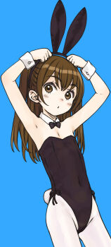 1girl animal_ears arms_up bare_shoulders black_leotard blush brown_eyes brown_hair fake_animal_ears flat_chest focke_wulf highres leotard long_hair looking_at_viewer original pantyhose playboy_bunny rabbit_ears solo white_pantyhose wrist_cuffs