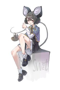 Rule 34 | 1girl, animal, animal ear fluff, animal ears, artist name, basket, black dress, black hair, black shoes, black tail, capelet, chinese commentary, commentary request, dress, full body, grey capelet, hand on own knee, hand up, highres, knee up, large ears, long sleeves, looking at viewer, loose socks, mouse (animal), mouse ears, mouse girl, mouse tail, nazrin, open mouth, red eyes, ribbon-trimmed dress, ribbon trim, shoes, short hair, simple background, sitting, socks, solo, sweet920545, tail, tail raised, touhou, white background, white socks