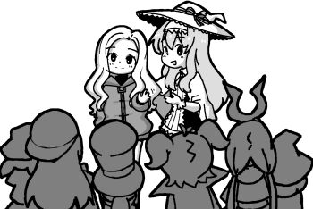 6+girls a_hat_in_time aged_down anubia_(potionomics) backwards_hat beebz_(demon_turf) belle_macfae carol_(onirism) child demon_turf diana_(pragmata) drawfag frogun_(series) greyscale hat hat_kid introduction little_witch_nobeta monochrome multiple_girls mystik_belle nobeta oekaki onirism pragmata renata_(frogun) simple_background top_hat waving welcoming white_background witch_hat