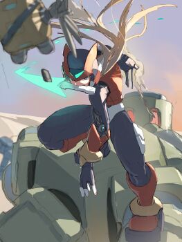 Rule 34 | 1boy, absurdres, armor, battle, black eyes, blonde hair, commentary request, desert, energy sword, helmet, highres, holding, holding sword, holding weapon, male focus, mega man (series), mega man zero (series), mega man zero 2, mouth hold, omochi (mochi skymega), red armor, red helmet, sword, weapon, z saber, zero(z) (mega man), zero (mega man)